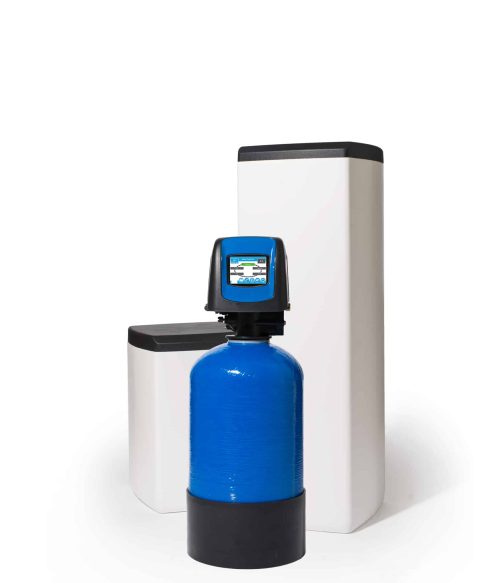 Fleck 5800 XTR Waterontharder met Blauwe 15l harsfles, kleuren display en opstelling van een klein en groot zoutvat