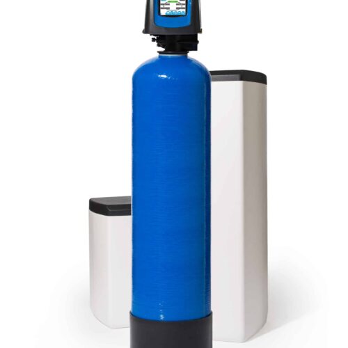 Fleck 5800 XTR Waterontharder met Blauwe 30l harsfles, kleuren display en opstelling van een klein en groot zoutvat