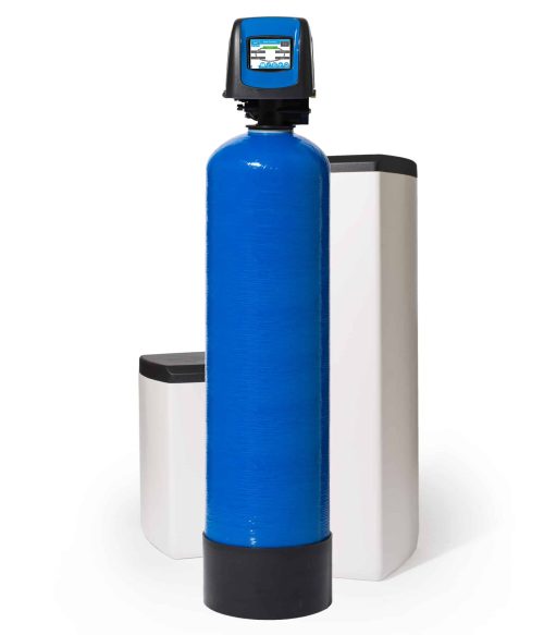 Fleck 5800 XTR Waterontharder met Blauwe 30l harsfles, kleuren display en opstelling van een klein en groot zoutvat