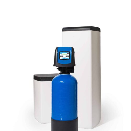 Fleck 5800 XTR Waterontharder met Blauwe 10l harsfles, kleuren display en opstelling van een klein en groot zoutvat