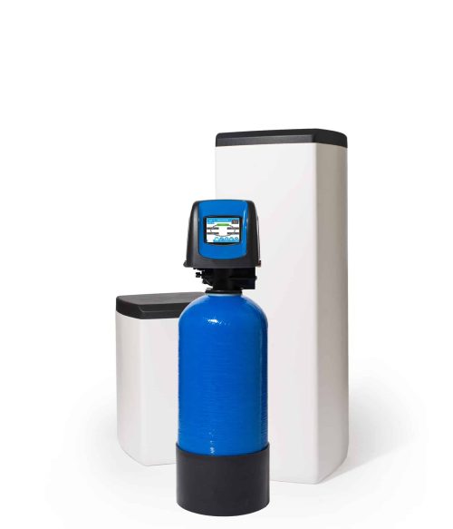 Fleck 5800 XTR Waterontharder met Blauwe 10l harsfles, kleuren display en opstelling van een klein en groot zoutvat