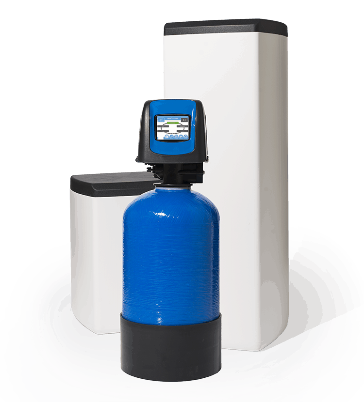 Fleck 5800 XTR Waterontharder met Blauwe 15l harsfles, kleuren display en opstelling van een klein en groot zoutvat