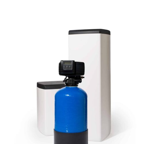 Fleck 5600 SXT met blauw 15l hars in opstelling met een klein en groot zoutvat