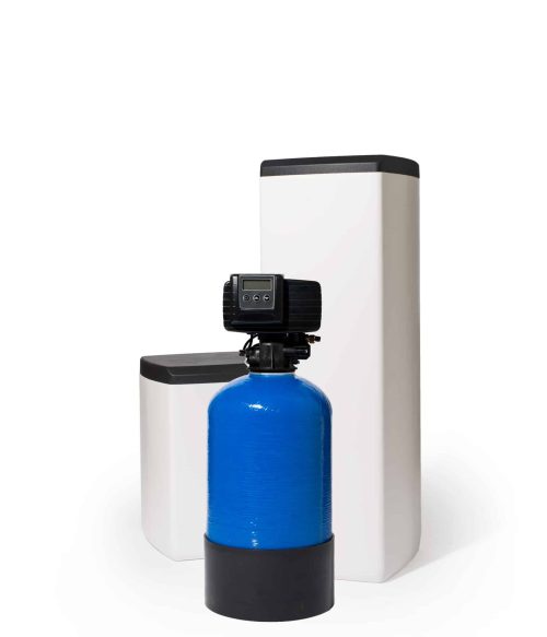 Fleck 5600 SXT met blauw 15l hars in opstelling met een klein en groot zoutvat