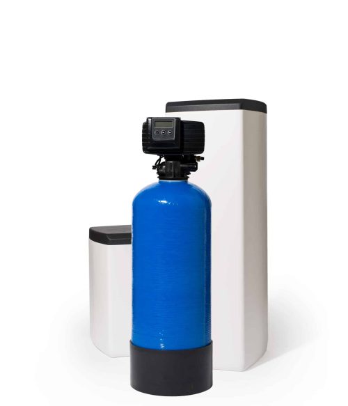 Fleck 5600 SXT met blauw 20l hars in opstelling met een klein en groot zoutvat