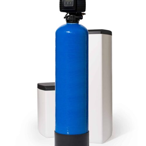 Fleck 5600 SXT met blauw 30l hars in opstelling met een klein en groot zoutvat