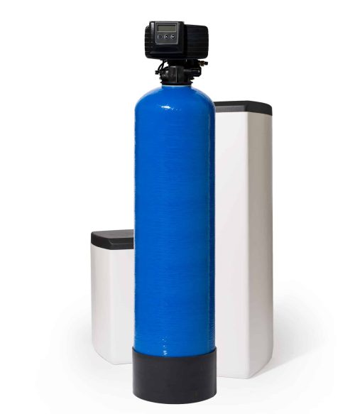 Fleck 5600 SXT met blauw 30l hars in opstelling met een klein en groot zoutvat