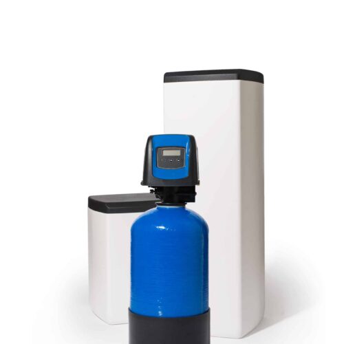 Fleck 5800 SXT met blauw 15l hars in opstelling met een klein en groot zoutvat