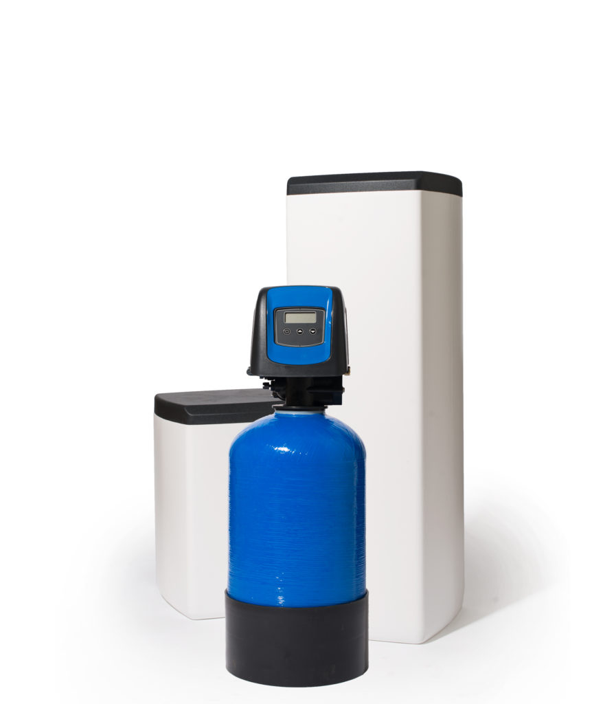 Fleck 5800 SXT met blauw 15l hars in opstelling met een klein en groot zoutvat