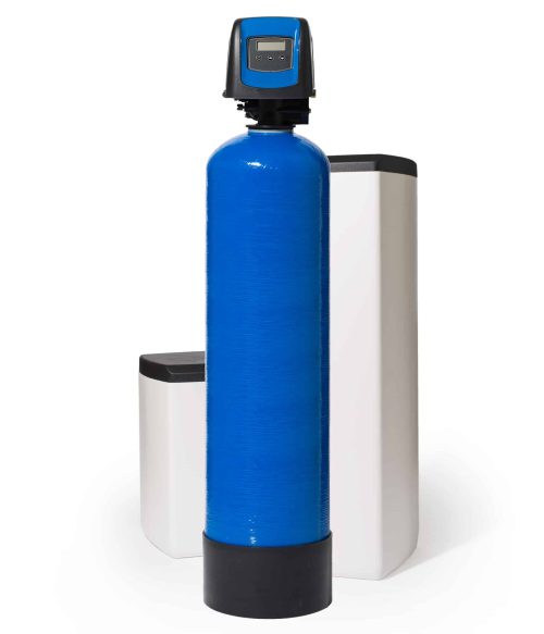 Fleck 5800 SXT met blauw 30l hars in opstelling met een klein en groot zoutvat