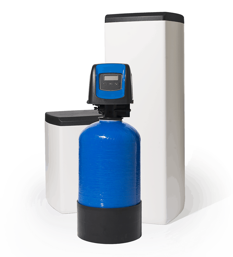 Fleck 5800 SXT met blauw 15l hars in opstelling met een klein en groot zoutvat