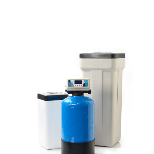 WTR Ceramic High-end waterontharder met Blauwe 20l harsfles en opstelling van een klein en groot zoutvat