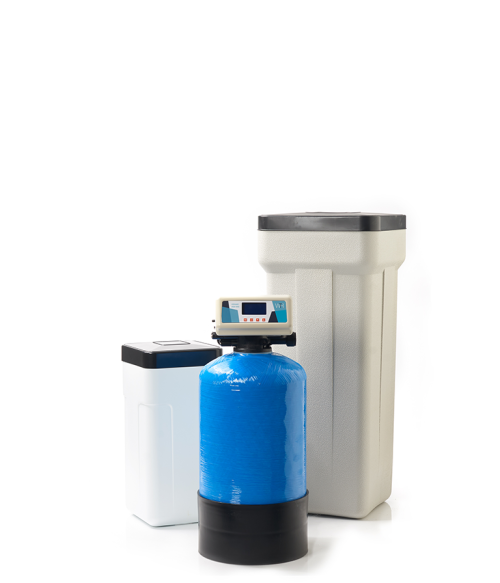 WTR Ceramic High-end waterontharder met Blauwe 20l harsfles en opstelling van een klein en groot zoutvat