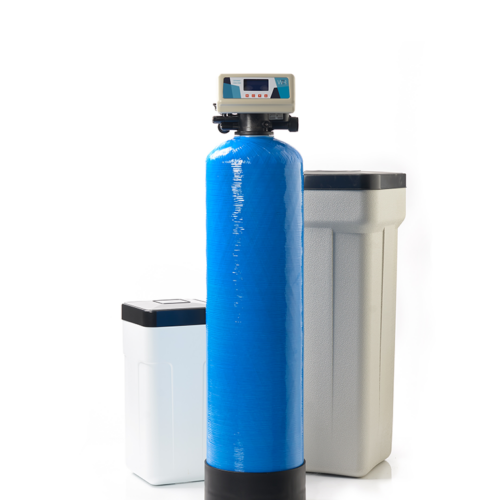 WTR Ceramic High-end waterontharder met Blauwe 30l harsfles en opstelling van een klein en groot zoutvat