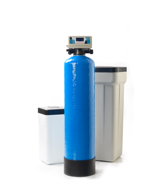 WTR Ceramic High-end waterontharder met Blauwe 30l harsfles en opstelling van een klein en groot zoutvat