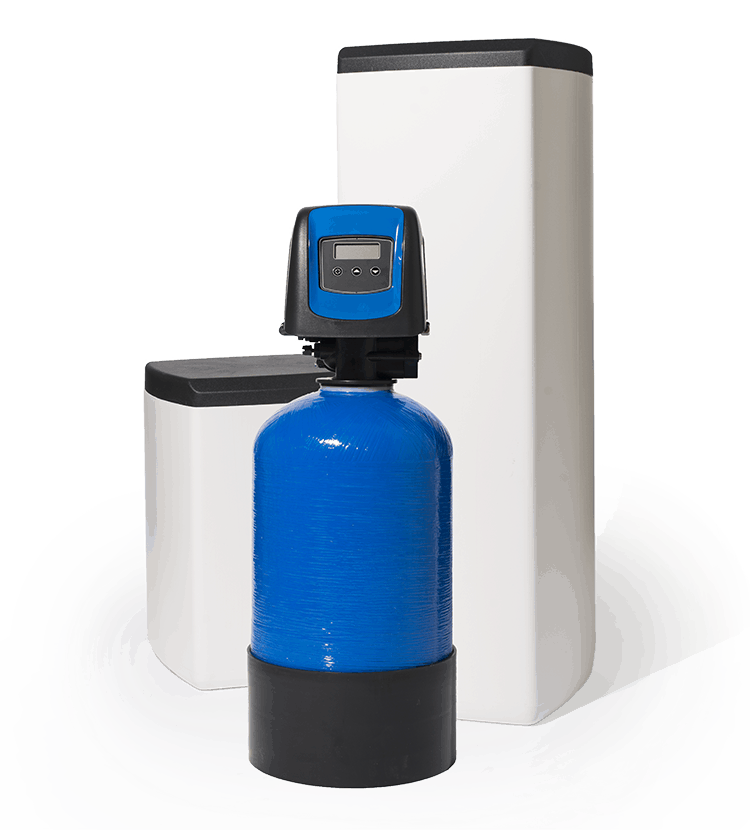 Fleck 5800 SXT met blauw 15l hars in opstelling met een klein en groot zoutvat