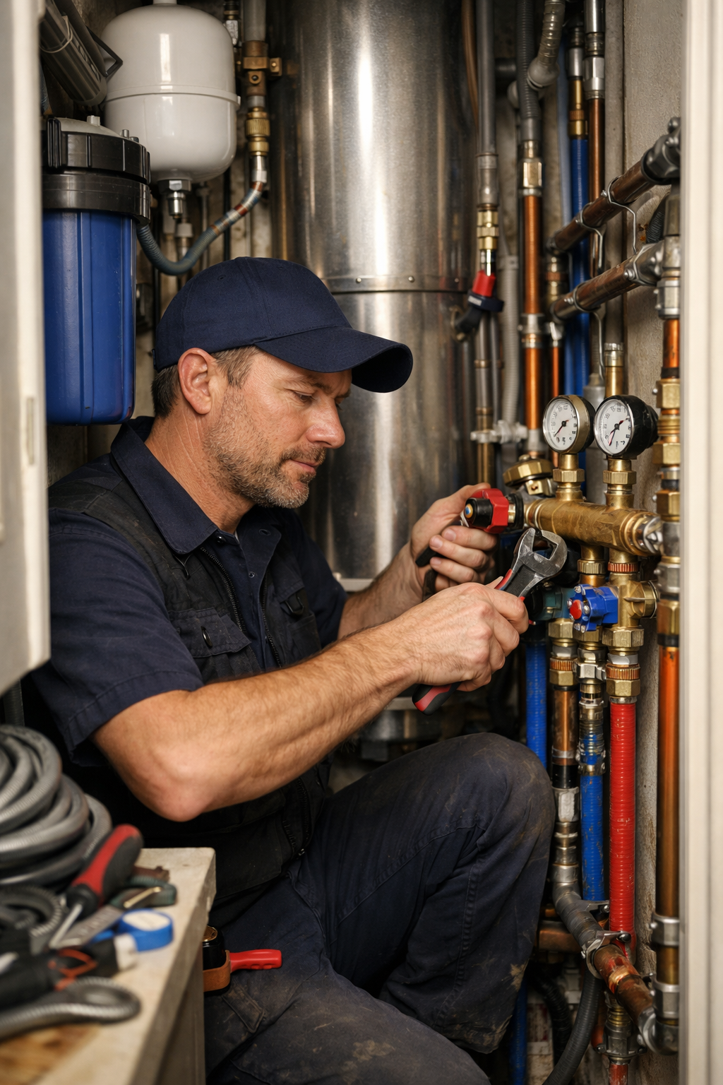 Loodgieter aan het werk in technische ruimte